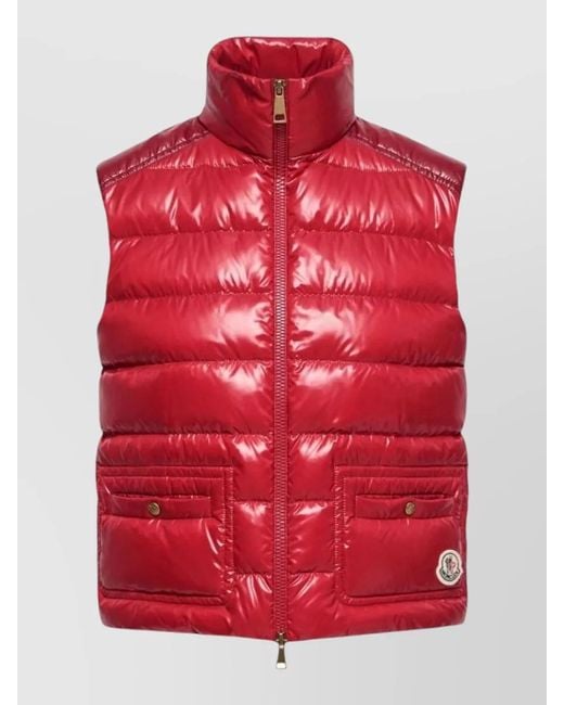Moncler Red Frelon Down Vest High Collar Pockets