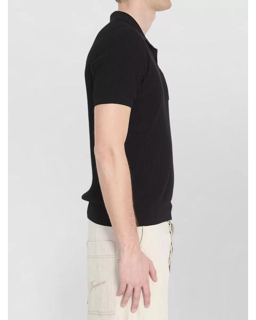 Roberto Collina Black Rib Knit Polo Shirt Chest Pocket for men
