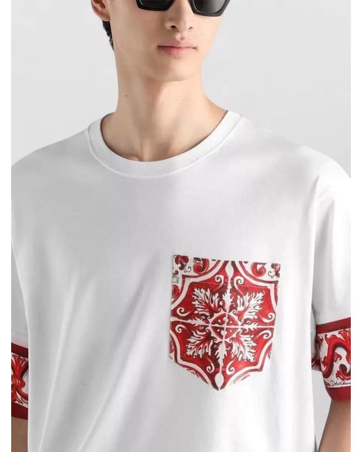 Dolce & Gabbana White Majolica Print Crew Neck Short Sleeve T Shirt for men