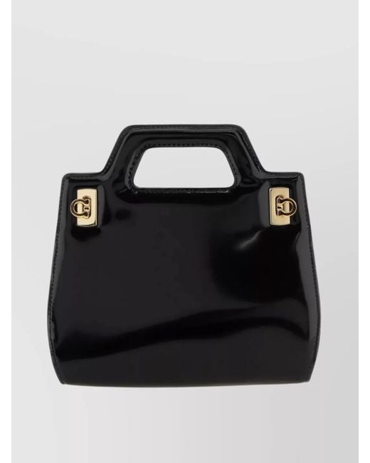 Ferragamo Black Glossy Finish Mini Handbag With Hardware