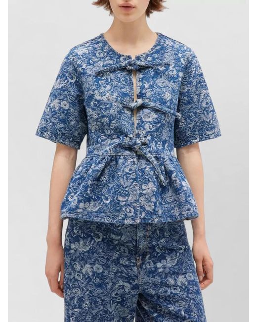 Ganni Blue Floral Peplum Blouse Round Neck Short Sleeves