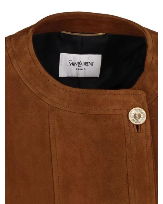 Saint Laurent Brown Cropped Suede Coat Button Detail Tailoring
