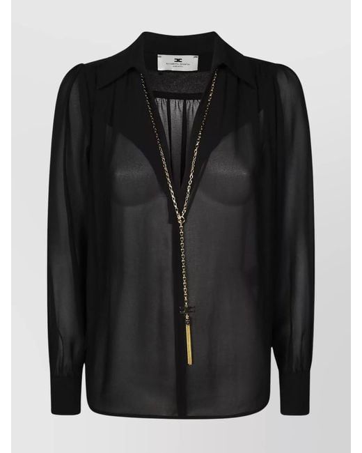 Elisabetta Franchi Black Long Sleeve Sheer Top With Chain Detail