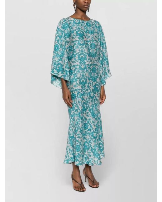 Gianluca Capannolo Blue Robbie Silk Dress Floral Flared Sleeves Maxi