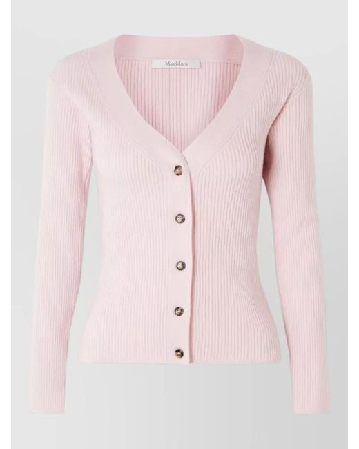 Max Mara Pink V Neck Wool Cashmere Ribbed Top