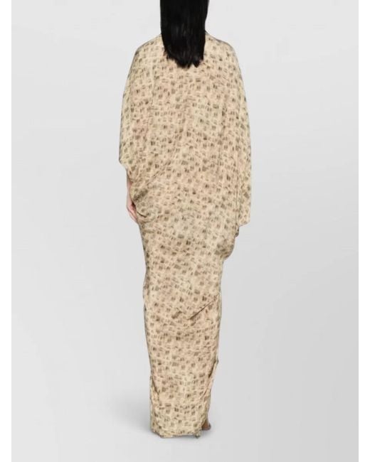 Cortana Natural Printed Draped V-Neck Batwing-Sleeve Side-Slit Long Dress