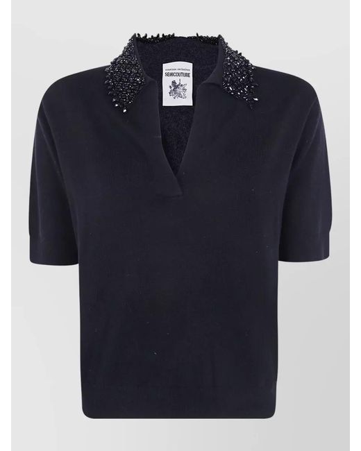 Semicouture Blue Cashmere-Blend Short-Sleeve Turtleneck Jumper