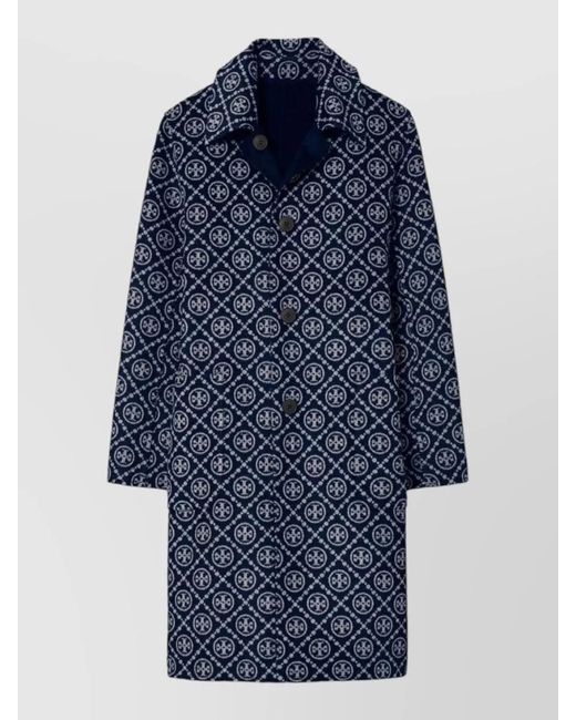 Tory Burch Blue Long Reversible Wool Coat Collared Neck