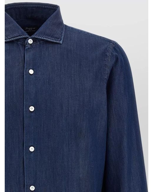 Finamore 1925 Blue Napoli Shirt Long Sleeves Curved Hem for men