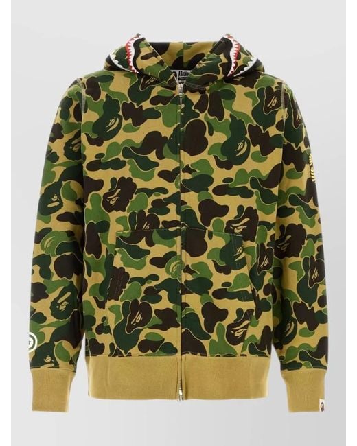 A Bathing Ape Green Cotton Camo Hooded Shark Zip Sweatshirt for men