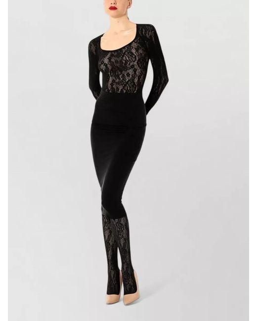 Wolford Black Rose Lace Long Sleeve Scoop Bodysuit