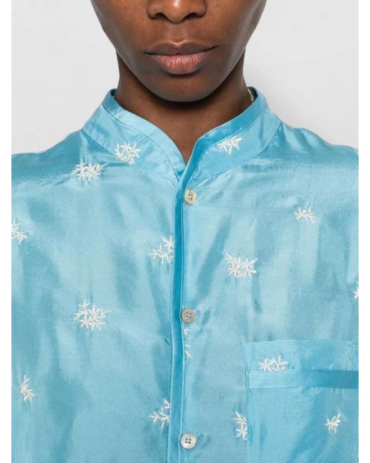 Forte_forte Blue Silk Shirt Floral Embroidery Long Sleeves Pocket