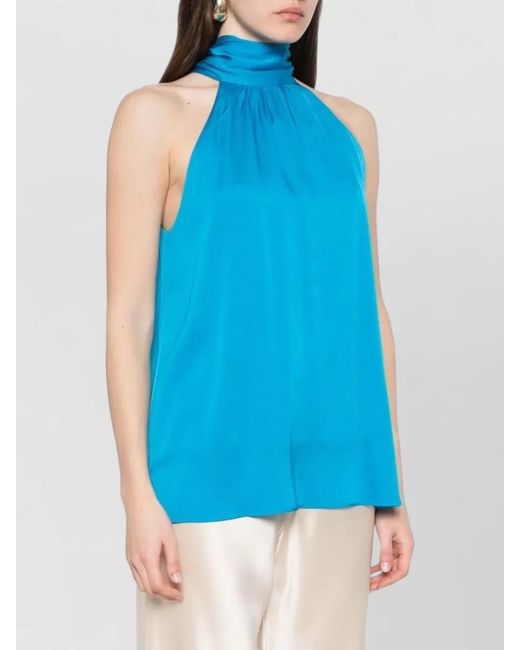 Silk95five Blue Villette Halterneck Top Bow Detail