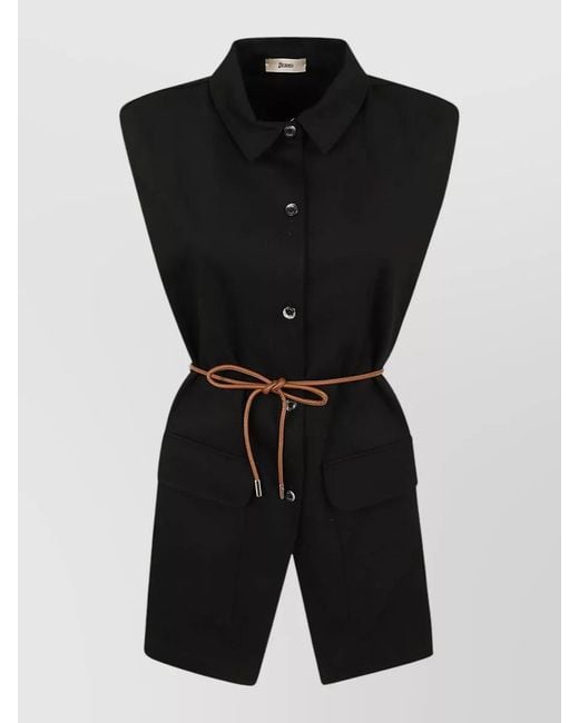 Herno Black Sleeveless Dress Belted Waist Front Pockets