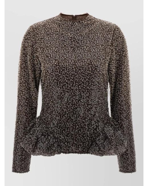 ROTATE BIRGER CHRISTENSEN Black Sequin Embellished Peplum Hem Long Sleeve Top