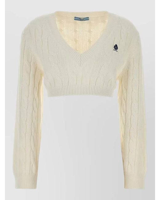 Prada White Cropped Cotton Sweater V Neck Cable Knit