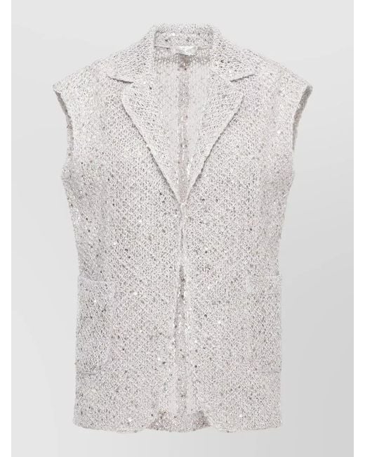 Panicale White Knit Blazer Sequin Lapel Open Sleeveless