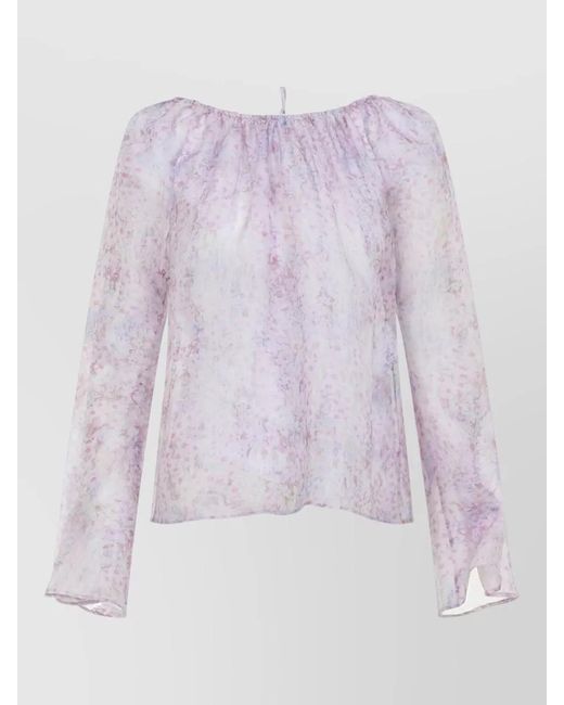Alberta Ferretti Purple Silk Floral-Print Gathered Boat Neck Long-Sleeve Blouse