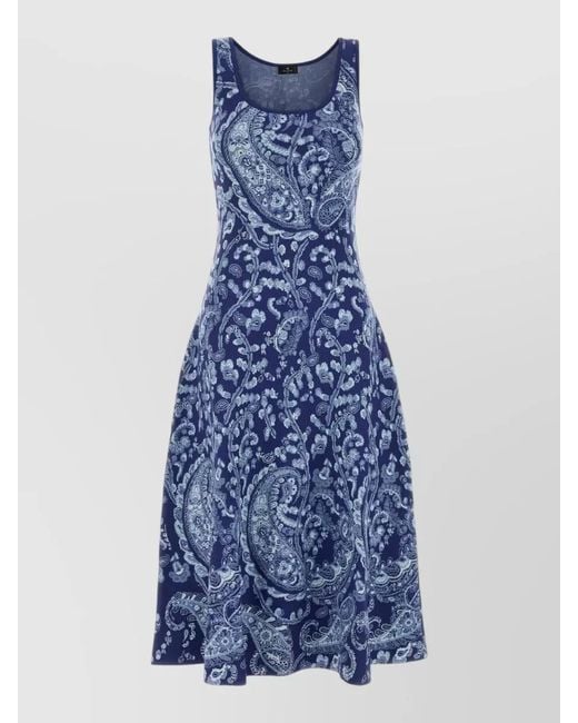 Etro Blue Knit Dress Paisley Scoop Neck Sleeveless