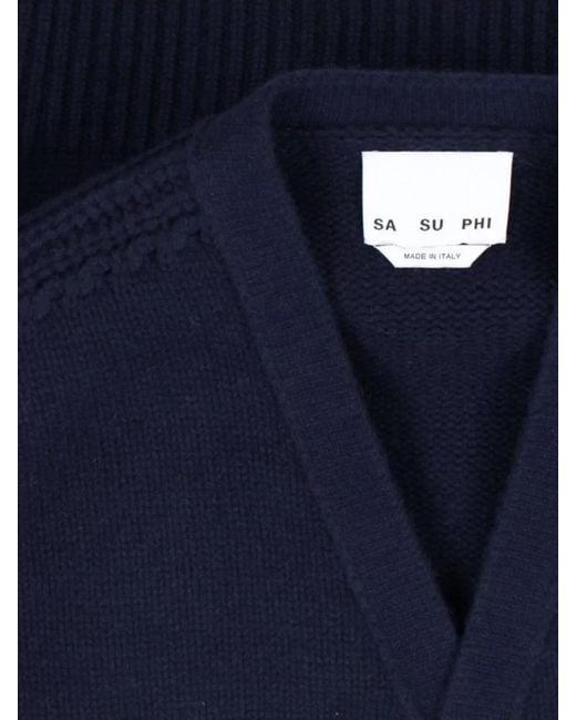 Sa Su Phi Blue V-Neck Sweater With Ribbed Cuffs And Cable Knit