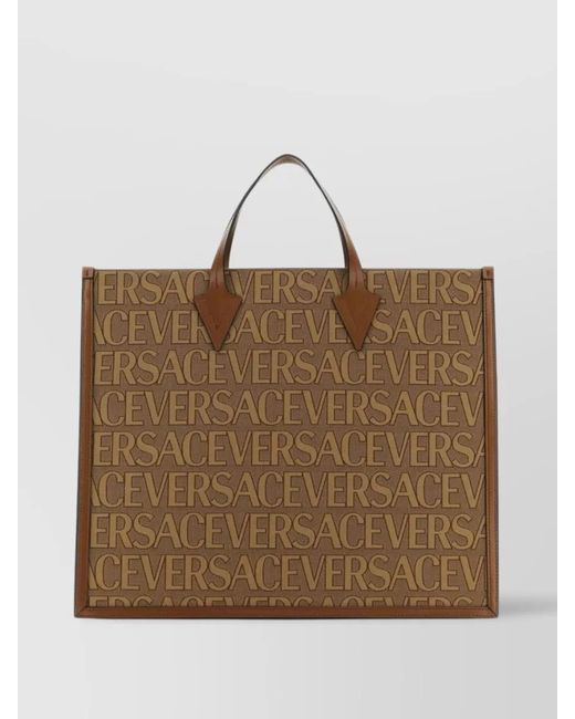 Versace Brown Leather Logo-Jacquard Tote Bag for men