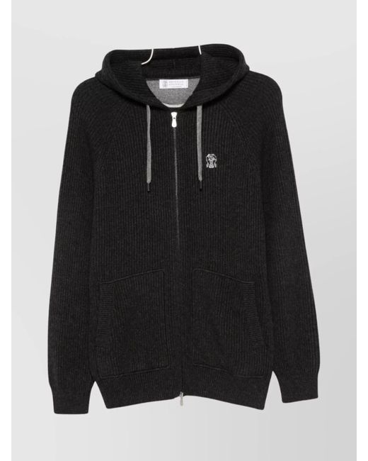 Brunello Cucinelli Black Cashmere Zip-Up Hoodie Featuring Drawstring Hood for men