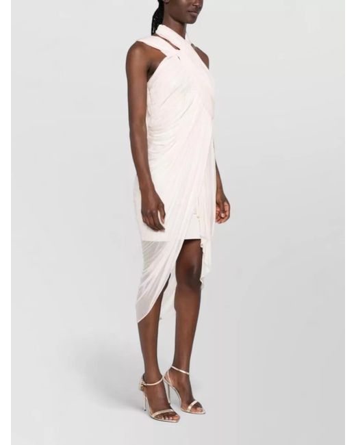 Balmain White Draped Halterneck Sleeveless Asymmetric-Hem Midi Dress