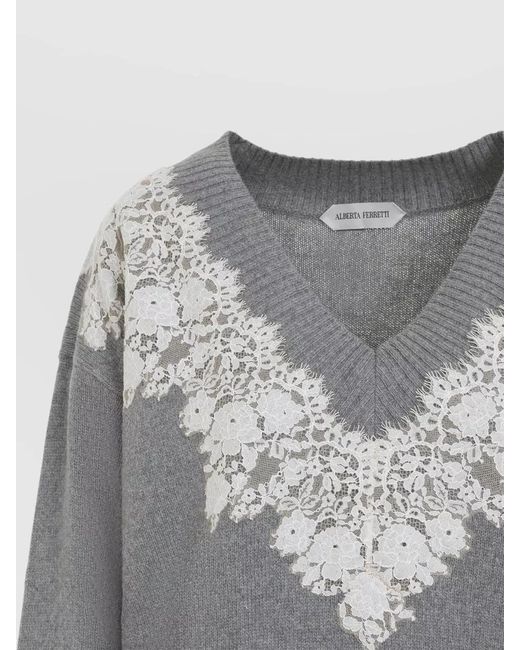 Alberta Ferretti Gray Cashmere V-Neck Fine-Knit Lace-Appliqué Sweater