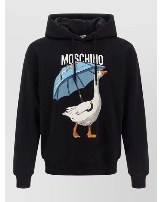 Moschino Blue Goose Graphic Hoodie Ribbed Cuffs Hem Hood for men