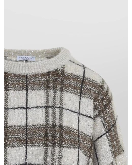 Brunello Cucinelli Multicolor Sequin Plaid Knit Sweater Cropped Design