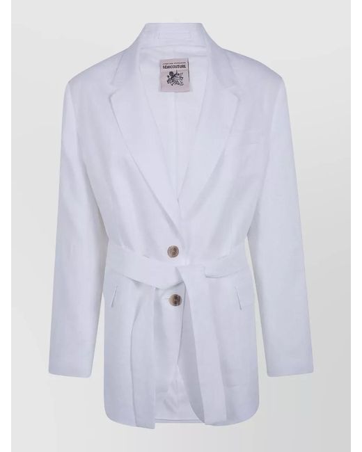 Semicouture Blue Linen Tailoring Jacket Belted Waist Design