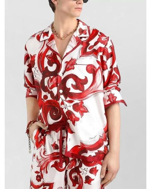 Dolce & Gabbana Red Beach Shirt Majolica Print Hawaiian Collar for men