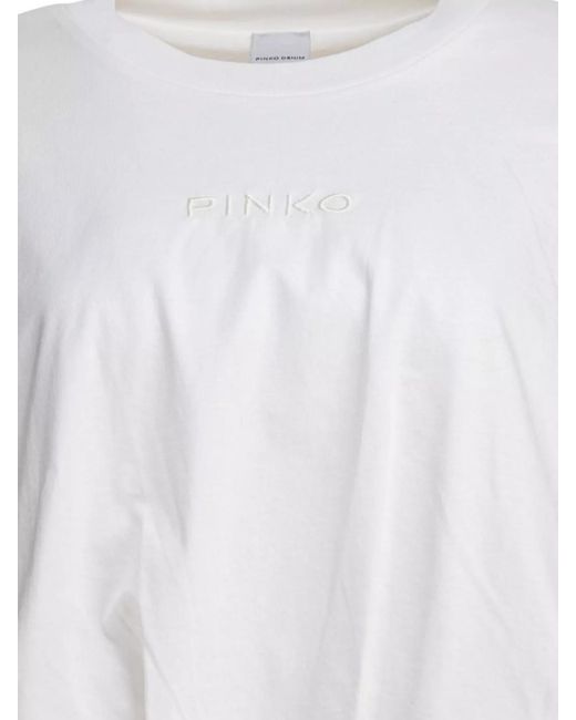 Pinko White Cotton Ribbed Crew-Neck Cropped T-Shirt
