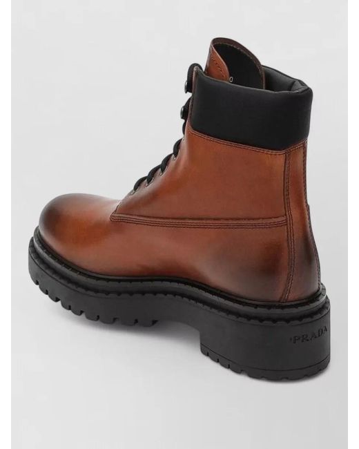 Prada Brown Ankle Boots Chunky Sole Contrast Collar