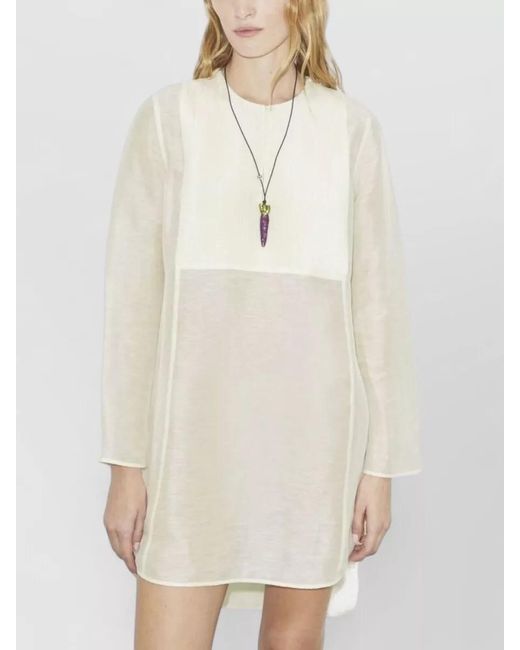 Tory Burch Natural Tunic Dress Linen Silk Long Sleeves