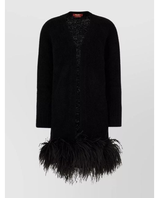 Max Mara Black Fringed Wool Blend V-Neck Cardigan Coat