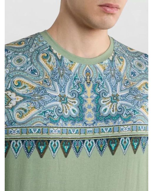 Etro Green Roma Paisley Regular Fit Crew Neck T-Shirt for men