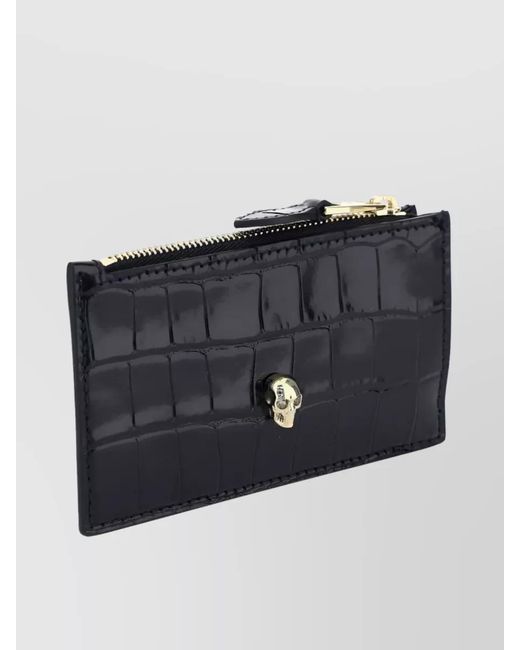 McQueen Black Calf Leather Crocodile-Effect Skull Zip Card Holder