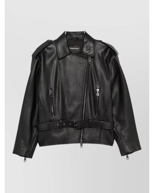 Emporio Armani Black Goat Skin Cropped Jacket Belted Waist
