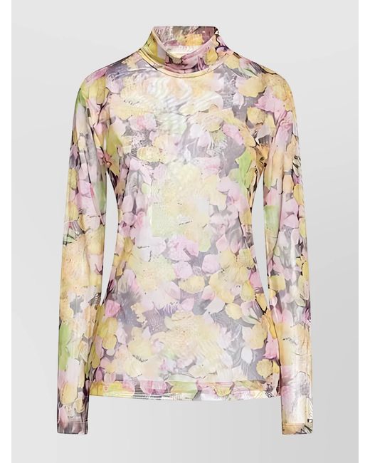 Dries Van Noten Multicolor Floral-Print Mesh High-Neck Long-Sleeve Top