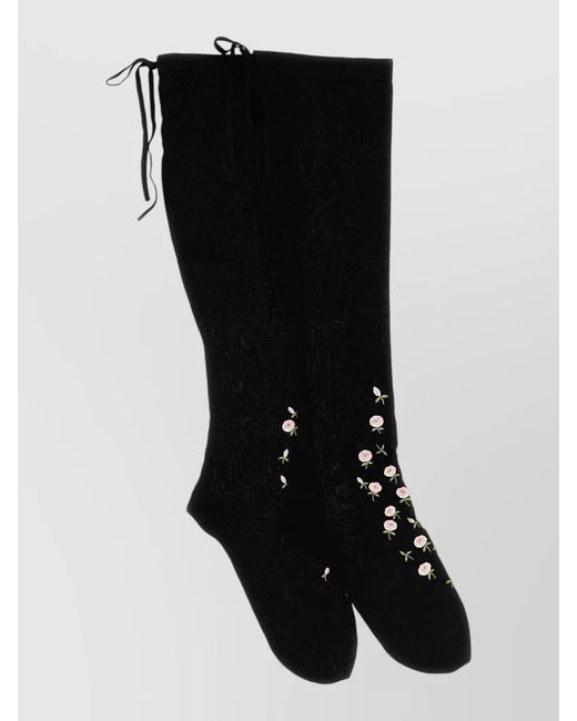 Prada Black Fine-Knit Floral-Embroidered Over-The-Knee Socks