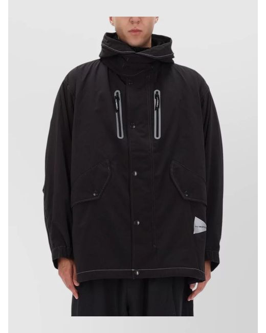 And Wander Black Fishtail Octa Hooded Long Jacket for men