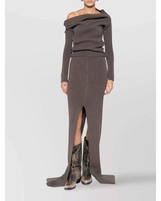 Rick Owens Brown Wool Ribbed Off-Shoulder Knitted Dress