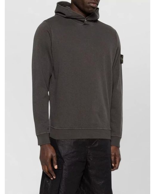 Stone Island Gray Logo Cotton Hoodie Long Sleeve Ribbed Trims for men
