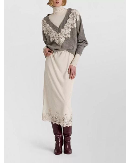 Alberta Ferretti Gray Knit Top V Neckline Lace Trim
