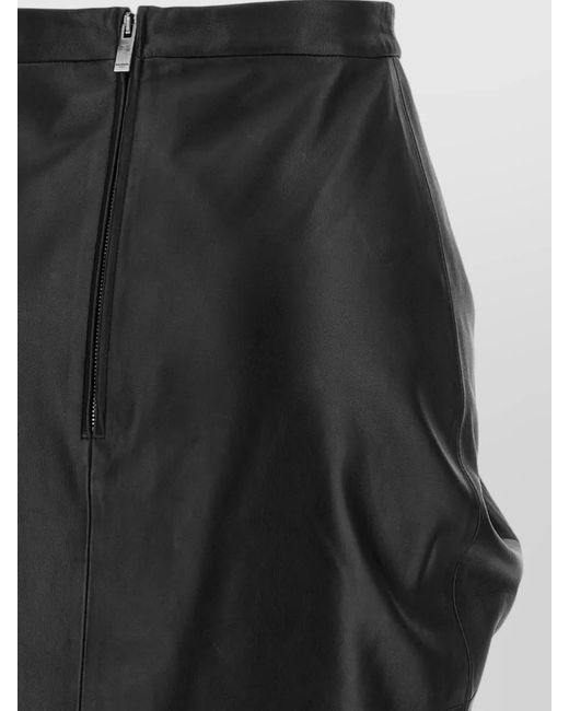 Balmain Black Leather Asymmetric Draped Midi Skirt