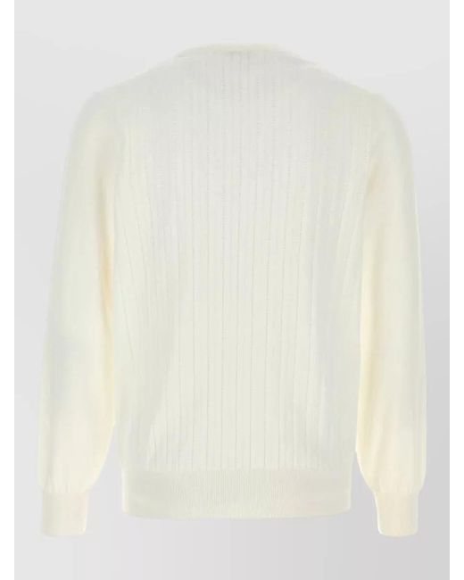 Brunello Cucinelli White Cotton Crew Neck Sweater Ribbed Texture for men
