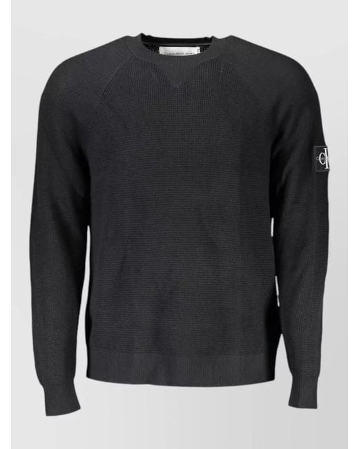 Calvin Klein Black Wool Waffle-Knit Long-Sleeve Crew-Neck Sweater for men