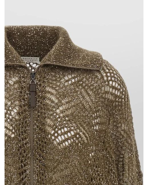 Brunello Cucinelli Green Mohair-Blend Ribbed High-Neck Zip-Up Cardigan