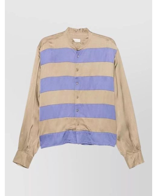Dries Van Noten White Band Collar Striped Lightweight Long Sleeve Shirt for men